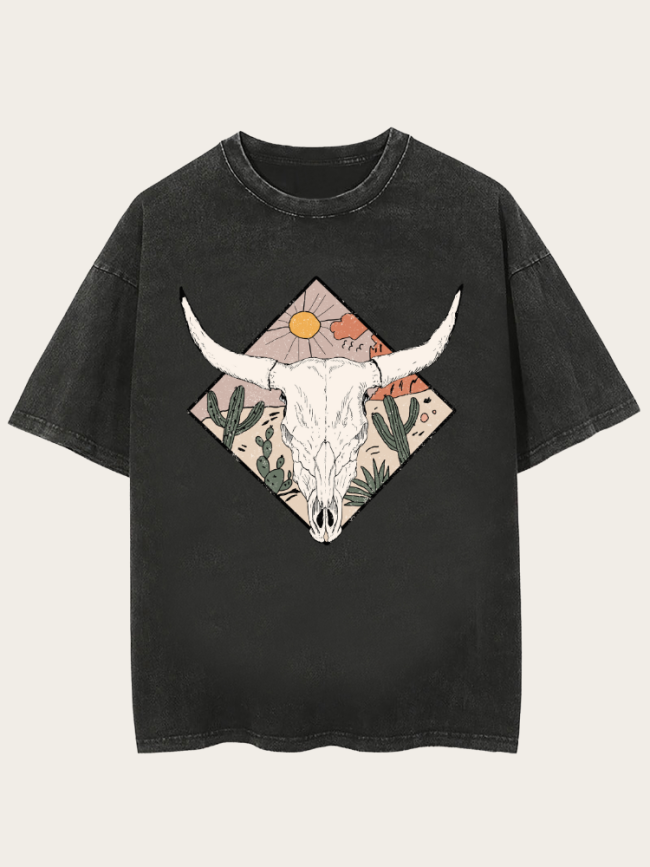 Washed Vintage Tee Shirt With Cow Skull Desert Cactus Distressed Loose Cutting Graphic Tee