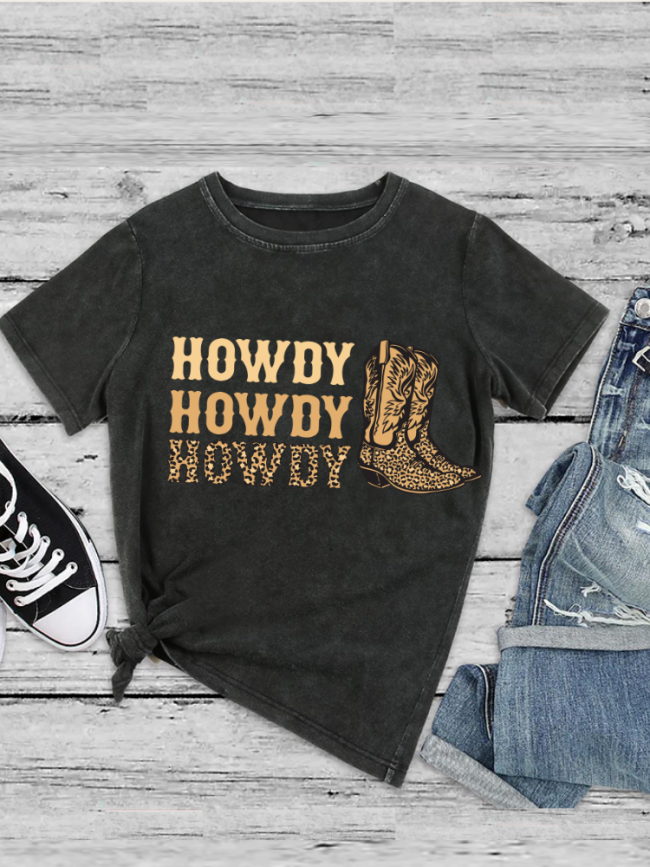 Washed Vintage Tee Shirt Distressed Howdy Cowgirl Print Loose CuttingTee