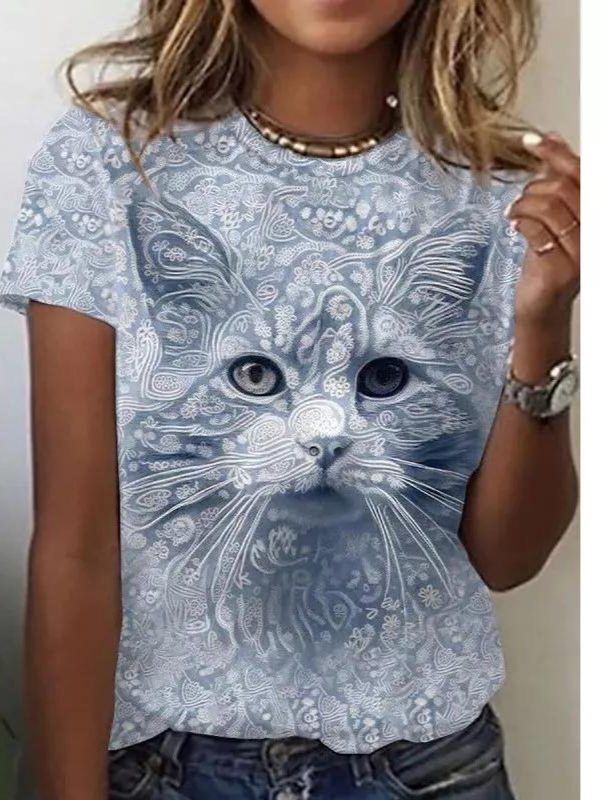 Women's Casual Summer T-Shirt 3D Cute Cat Printed Short Sleeve Top