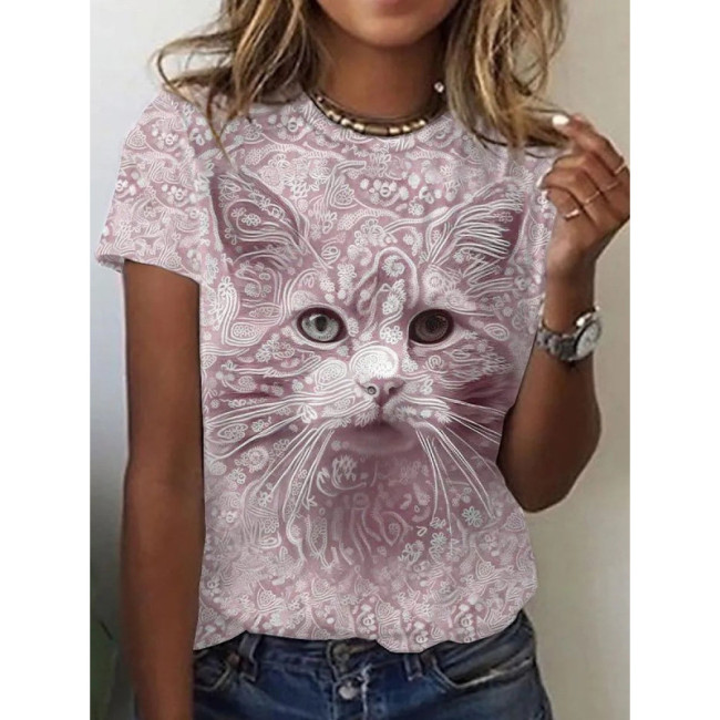 Women's Casual Summer T-Shirt 3D Cute Cat Printed Short Sleeve Top