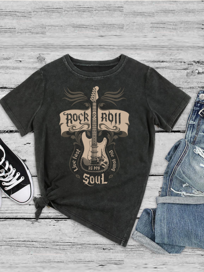 Washed Vintage Tee Shirt With Print Rock & Roll is My Soul Distressed Loose Cutting Graphic Tee