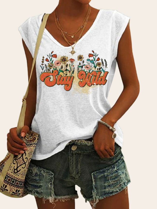 Stay Wild Cowgirl Graphic Tees Women's Casual Loose Sleeveless T-Shirts Top