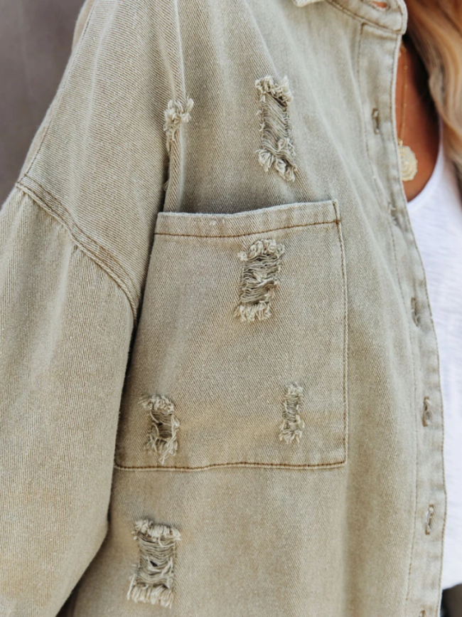 Cotton Distressed Denim Jacket Oversized Boyfriend Cut Vintage Rivet Ripped Coat
