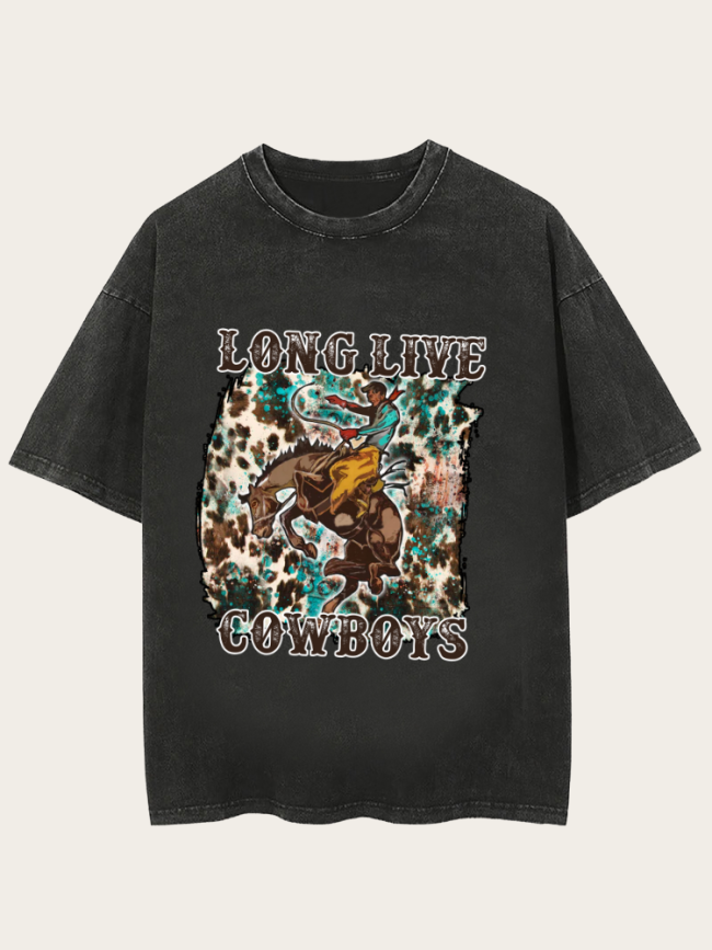 Washed Vintage Tee Shirt With Long Live Cowboy Print Distressed Loose Cutting Graphic Tee