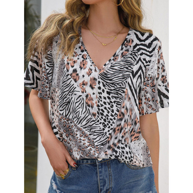 Women's Casual Tee Leopard Print V-Neck Short Sleeve T-Shirt Top