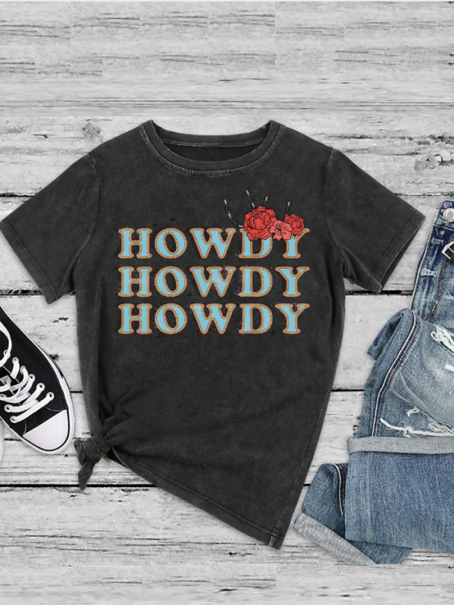 Washed Vintage Tee Shirt Distressed Howdy Rose Cowgirl Print Loose CuttingTee
