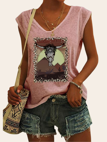 Cowskull with Cactus Cowgirl Print Graphic Tees Women's Casual Loose T-Shirts Cap Sleeve Top