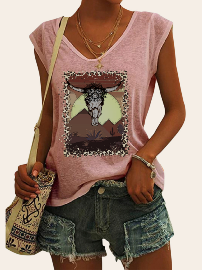 Cowskull with Cactus Cowgirl Print Graphic Tees Women's Casual Loose T-Shirts Cap Sleeve Top