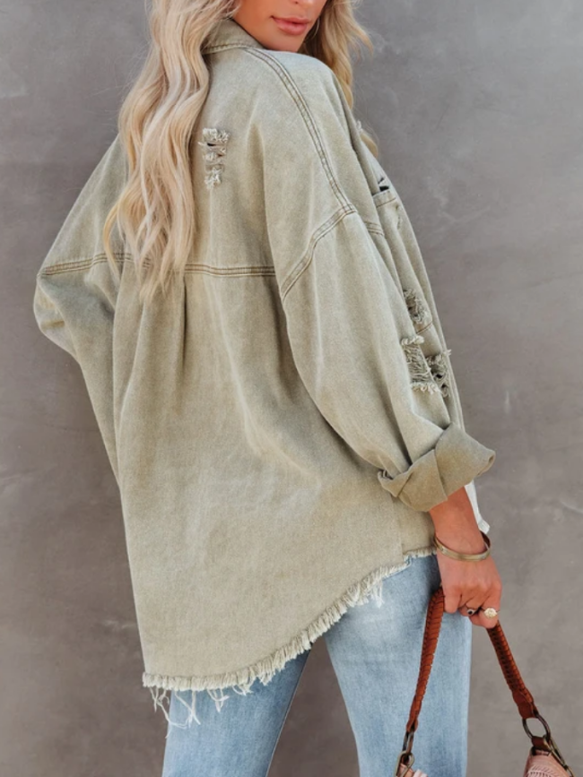 Cotton Distressed Denim Jacket Oversized Boyfriend Cut Vintage Rivet Ripped Coat