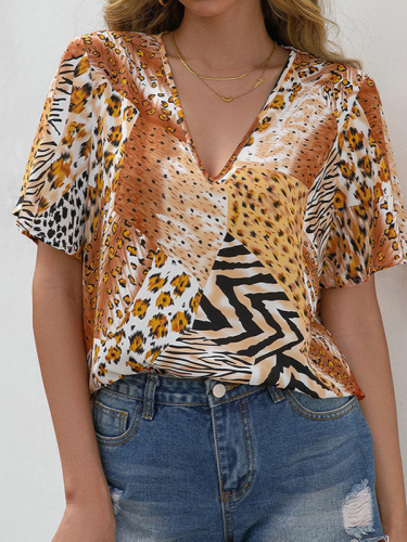 Women's Casual Tee Leopard Print V-Neck Short Sleeve T-Shirt Top