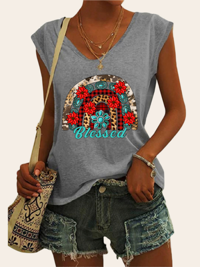 Bless With Flower & Leopard Cowgirl Print Graphic Tees Women's Casual Loose T-Shirts Cap Sleeve Top