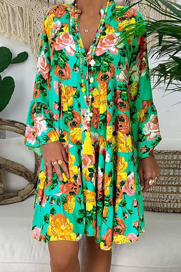 Women's Floral Half Placket Button Up Swing Mini Boho Summer Dress