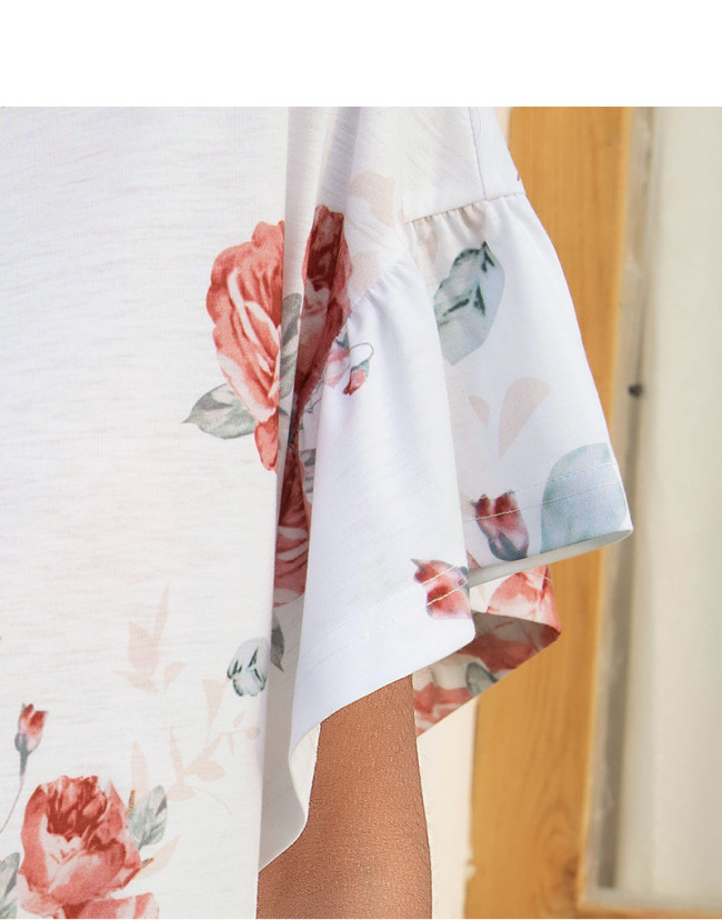 Women's V-Neck Causal Floral Printed Ruffles Hem Short Sleeve T-Shirt Top