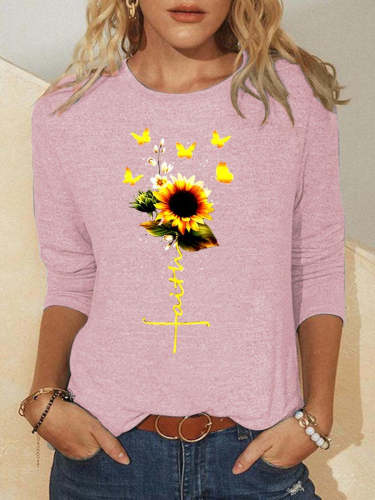 Women's Faith Sunflower Christian Long Sleeved T-shirt Crew Neck Top