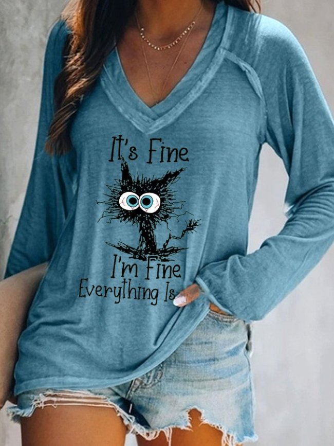 Women's It's Fine I'm Fine Everything is Fine V-Neck Faith Funny Letter Print T-shirt