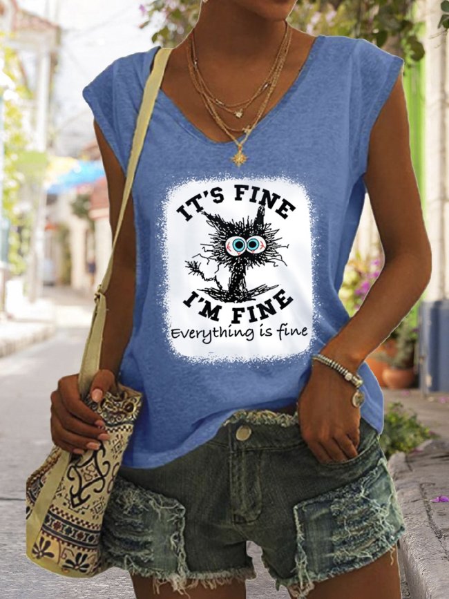 Women's It's Fine I'm Fine Everything Is Fine Funny Cat Graphic Cotton V-Neck Tank