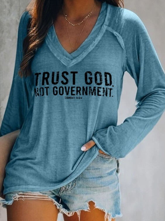 Women's TRUST GOD Letter Print Long Sleeve V-Neck T-Shirt Top
