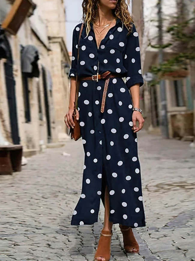 Women Elegant Polka Dot Print Maxi Dress Boho Style Dress