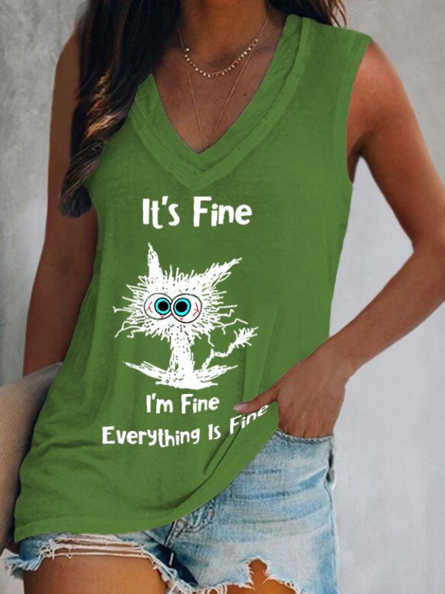 Women's It's Fine I'm Fine Everything Is Fine Funny Cat Print Sleeveless Tee Tank