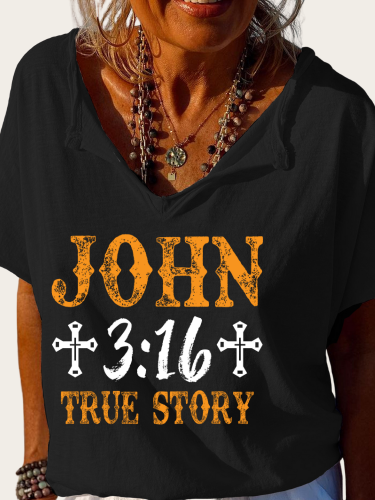 John 3:16 True Story Jesus Bible Verse Shirt Trundown Collar T Shirt Women's Loose Short Sleeve Top Spring Plus Size Shirt
