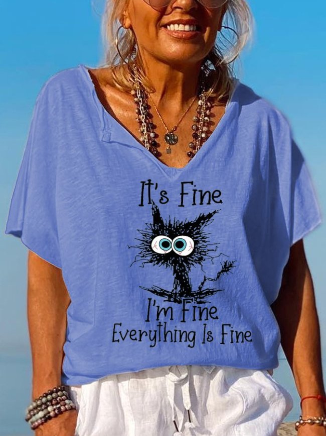 Women's It's Fine I'm Fine Everything Is Fine Funny Cat V-Neck Tee Top