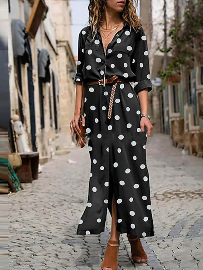 Women Elegant Polka Dot Print Maxi Dress Boho Style Dress