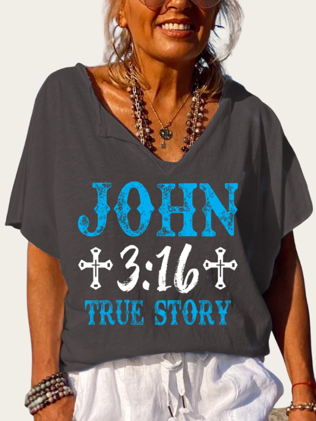 Love John 3:16 True Story Bible Verse Shirt Trundown Collar T Shirt Women's Loose Short Sleeve Top Spring Plus Size Shirt