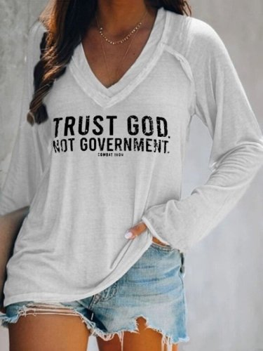 Women's TRUST GOD Letter Print Long Sleeve V-Neck T-Shirt Top