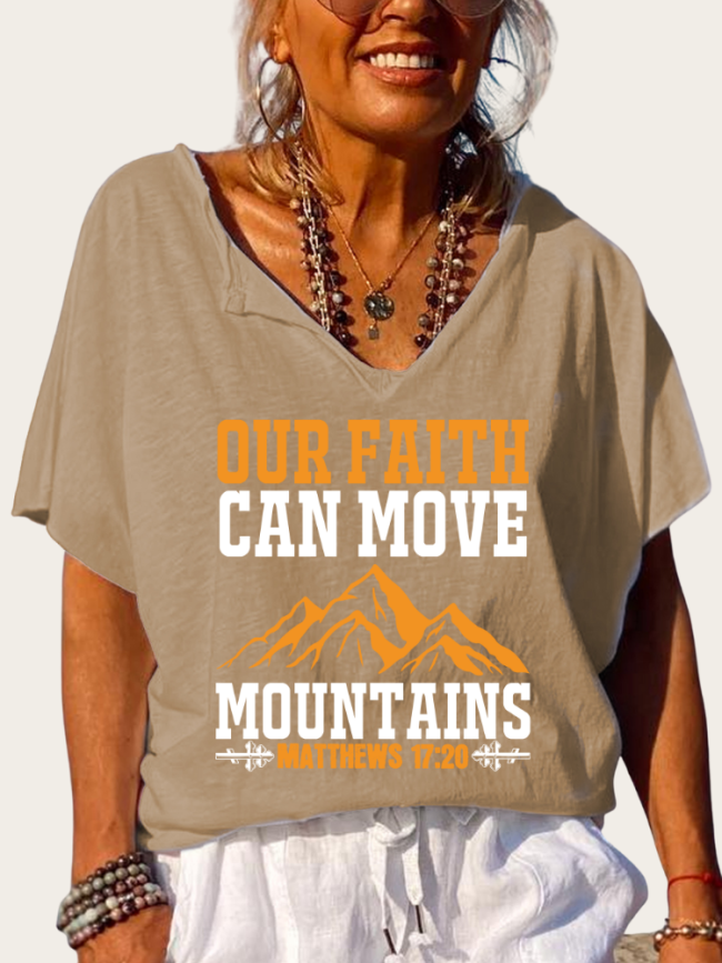 Our Faith Can Move Mountains Matthem 17:20 Bible Verse Shirt Trundown Collar T Shirt Women's Loose Short Sleeve Top Spring Plus Size Shirt