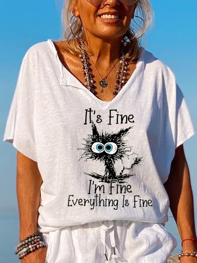 Women's It's Fine I'm Fine Everything Is Fine Funny Cat V-Neck Tee Top