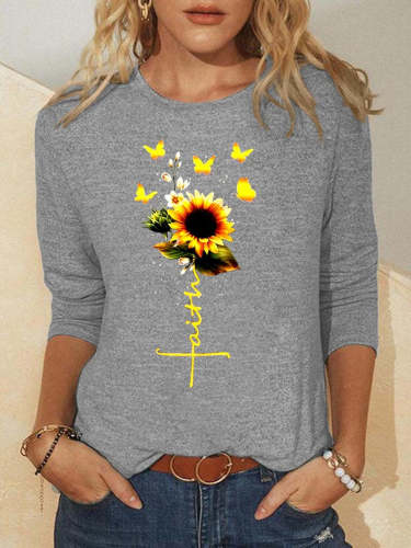 Women's Faith Sunflower Christian Long Sleeved T-shirt Crew Neck Top