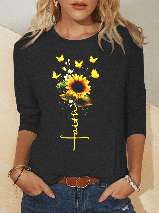 Women's Faith Sunflower Christian Long Sleeved T-shirt Crew Neck Top