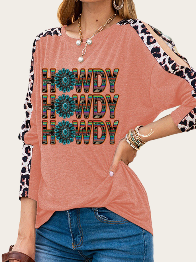 Howdy Print Slim Cutting Sassy Women Shirts Leopard Sleeve Spring Must have Outfit Sweatshirt