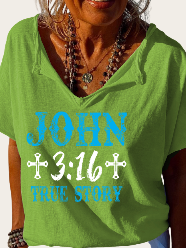 Love John 3:16 True Story Bible Verse Shirt Trundown Collar T Shirt Women's Loose Short Sleeve Top Spring Plus Size Shirt