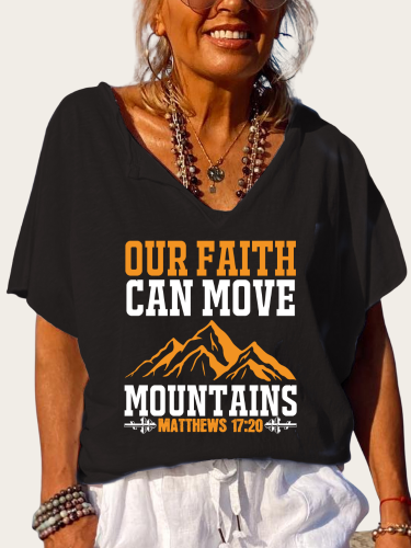 Our Faith Can Move Mountains Matthem 17:20 Bible Verse Shirt Trundown Collar T Shirt Women's Loose Short Sleeve Top Spring Plus Size Shirt