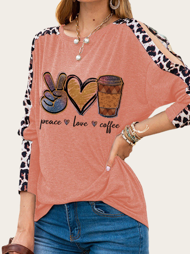 Peace Love Coffee Print Slim Cutting Sassy Women Shirts Leopard Sleeve Spring Must have Outfit Sweatshirt