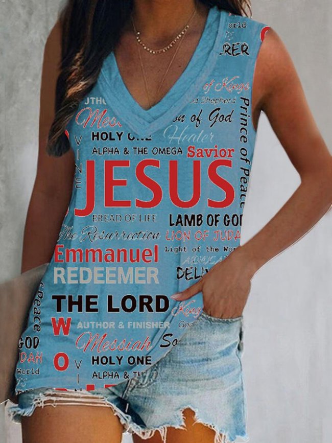 Women's Jesus Faith Funny Letter Print V-Neck Tank Top