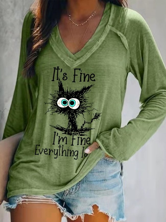 Women's It's Fine I'm Fine Everything is Fine V-Neck Faith Funny Letter Print T-shirt