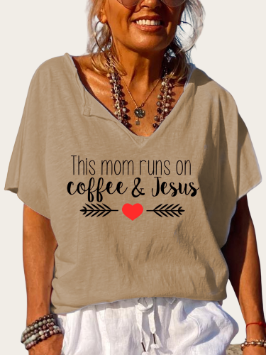 This Mom Runs For Coffee & Jesus Bible Verse Shirt Trundown Collar T Shirt Women's Loose Short Sleeve Top Spring Plus Size Shirt