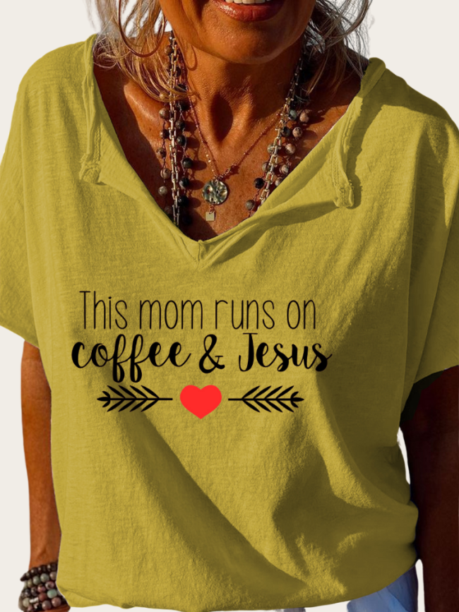 This Mom Runs For Coffee & Jesus Bible Verse Shirt Trundown Collar T Shirt Women's Loose Short Sleeve Top Spring Plus Size Shirt