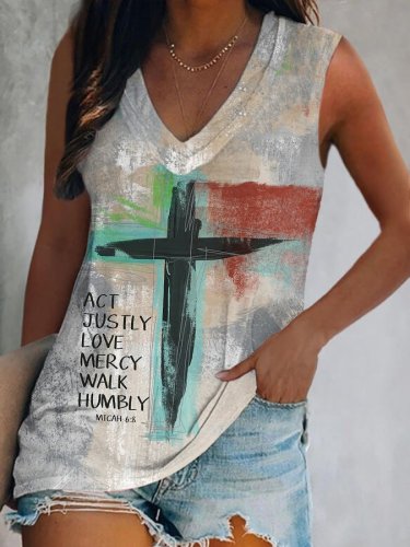Women's Act Justly Love Mercy Walk Humbly - Micah 6:8 Cross Print V-Neck Tank Top