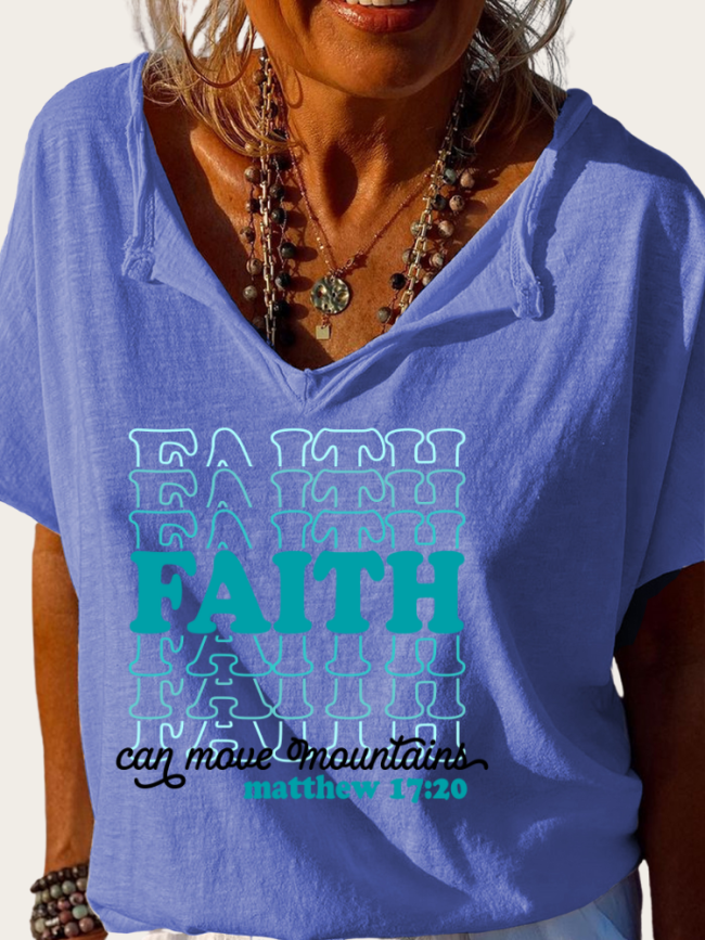 Faith Can Move Mountains Matthem 17:20 Bible Verse Shirt Trundown Collar T Shirt Women's Loose Short Sleeve Top Spring Plus Size Shirt