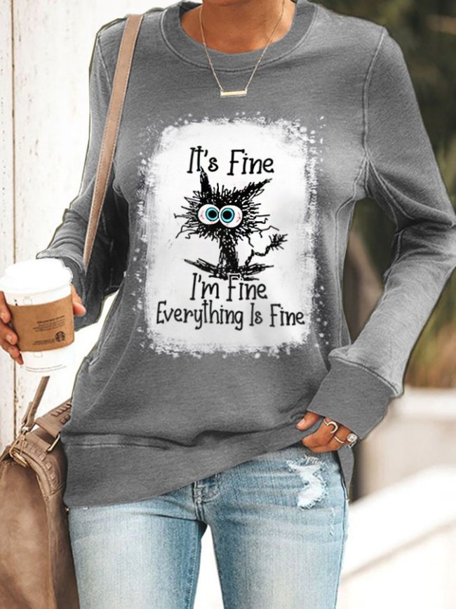 Women's It's Fine I'm Fine Everything is Fine V-Neck Faith Funny Cat Graphic Print Sweatshirt