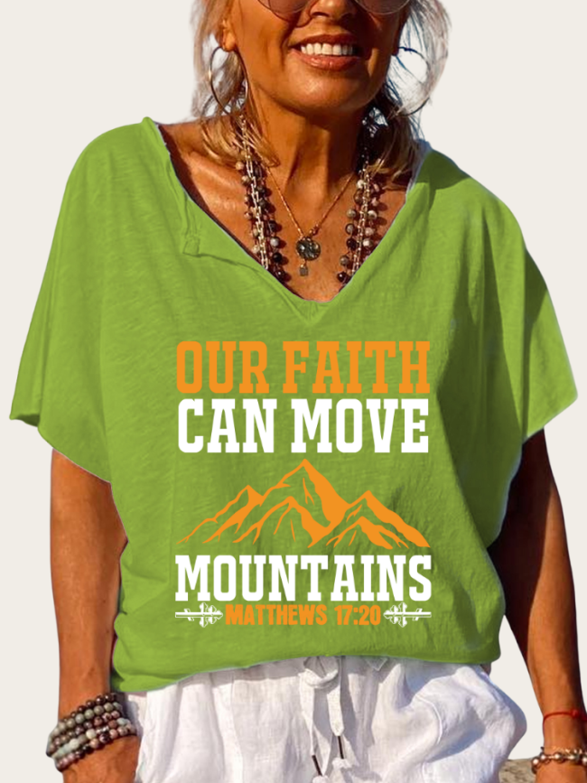 Our Faith Can Move Mountains Matthem 17:20 Bible Verse Shirt Trundown Collar T Shirt Women's Loose Short Sleeve Top Spring Plus Size Shirt