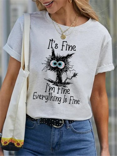 Women's It'S FINE I'm Fine Everything is Fine Cat Graphic Printed O-Neck Casual Short Sleeve T-Shirt