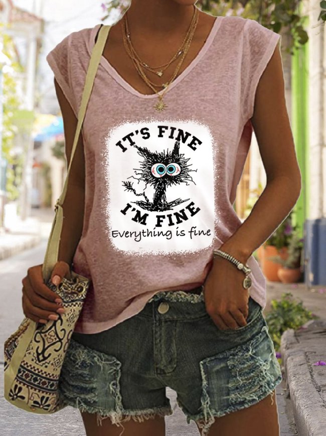Women's It's Fine I'm Fine Everything Is Fine Funny Cat Graphic Cotton V-Neck Tank