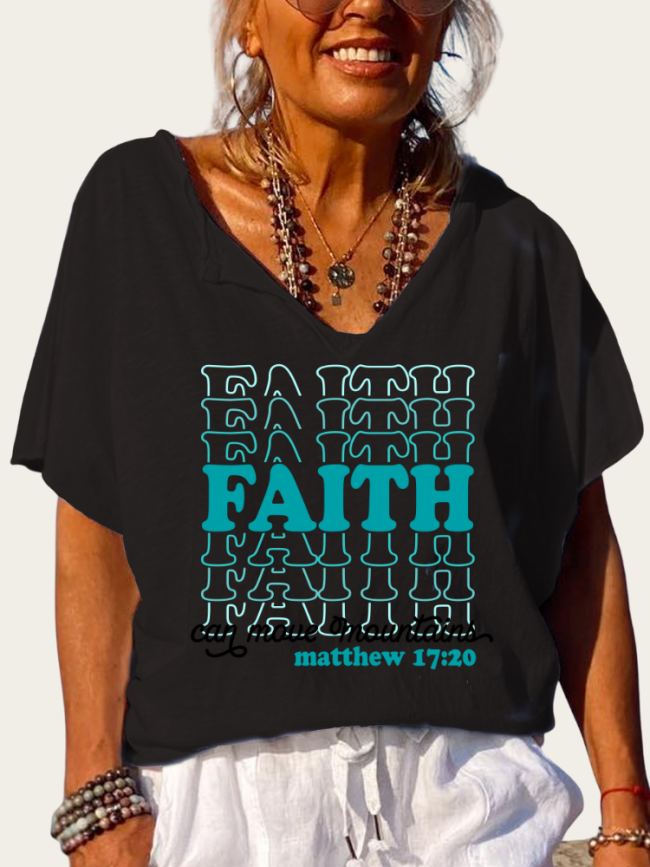 Faith Can Move Mountains Matthem 17:20 Bible Verse Shirt Trundown Collar T Shirt Women's Loose Short Sleeve Top Spring Plus Size Shirt