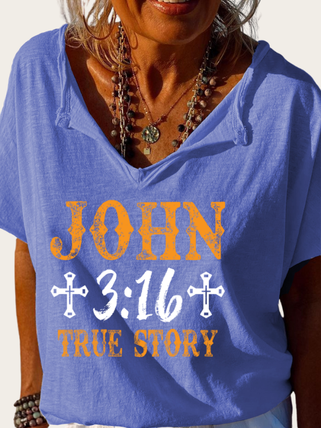 John 3:16 True Story Jesus Bible Verse Shirt Trundown Collar T Shirt Women's Loose Short Sleeve Top Spring Plus Size Shirt