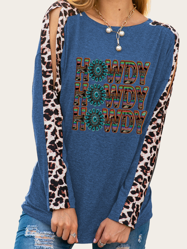 Howdy Print Slim Cutting Sassy Women Shirts Leopard Sleeve Spring Must have Outfit Sweatshirt