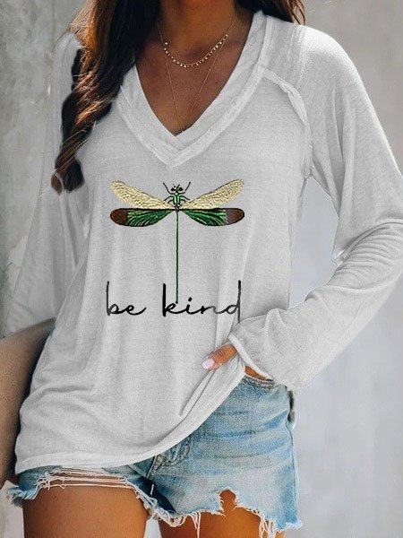 Women's Be Kind Dragonfly Graphic Print V-Neck Long Sleeve T-Shirt Top